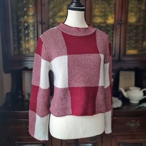 Red and White Buffalo Check Blocky Cropped Sweater size Small